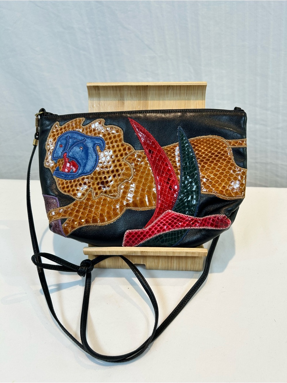 Sharif Vintage 1980’s Black Leather Crossbody Snakeskin Patchwork Lion